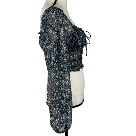 Aeropostale Small Cropped Top Floral Ruffled Keyhole Balloon Sleeve Square Neck - Picture 5 of 9